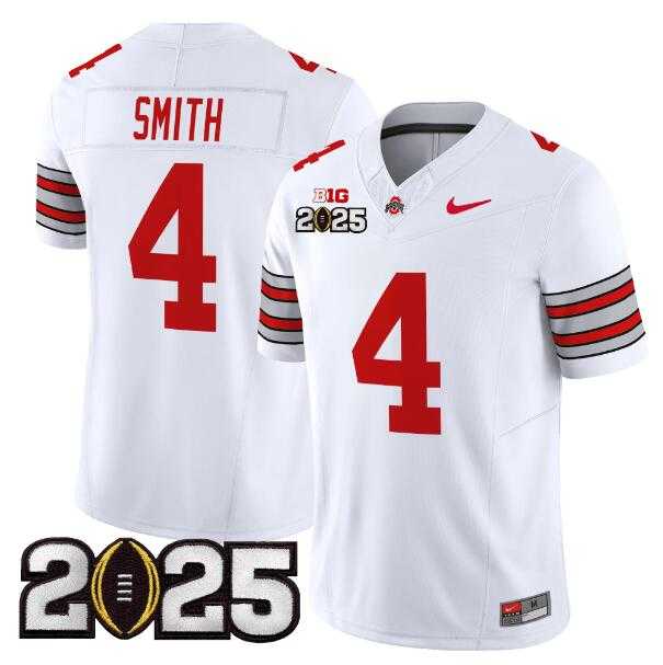 Mens Ohio State Buckeyes #4 Jeremiah Smith White 2025 CFP Final Patch F.U.S.E. Vapor Limited Stitched Jersey Dzhi